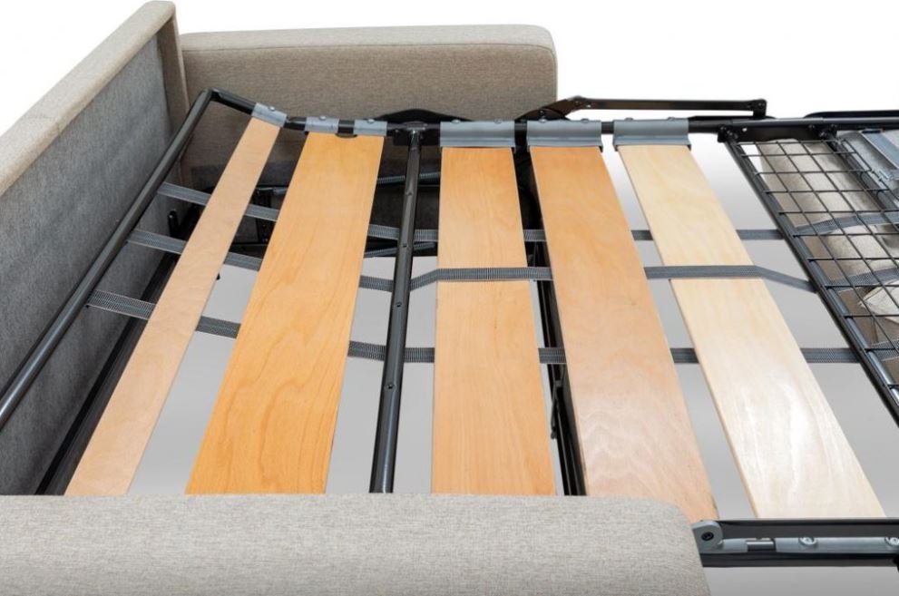 Canapé convertible EXPRESS COURBEVOIE 140cm matelas 16cm densité 35kg/m3 pieds luges sommier LATTES