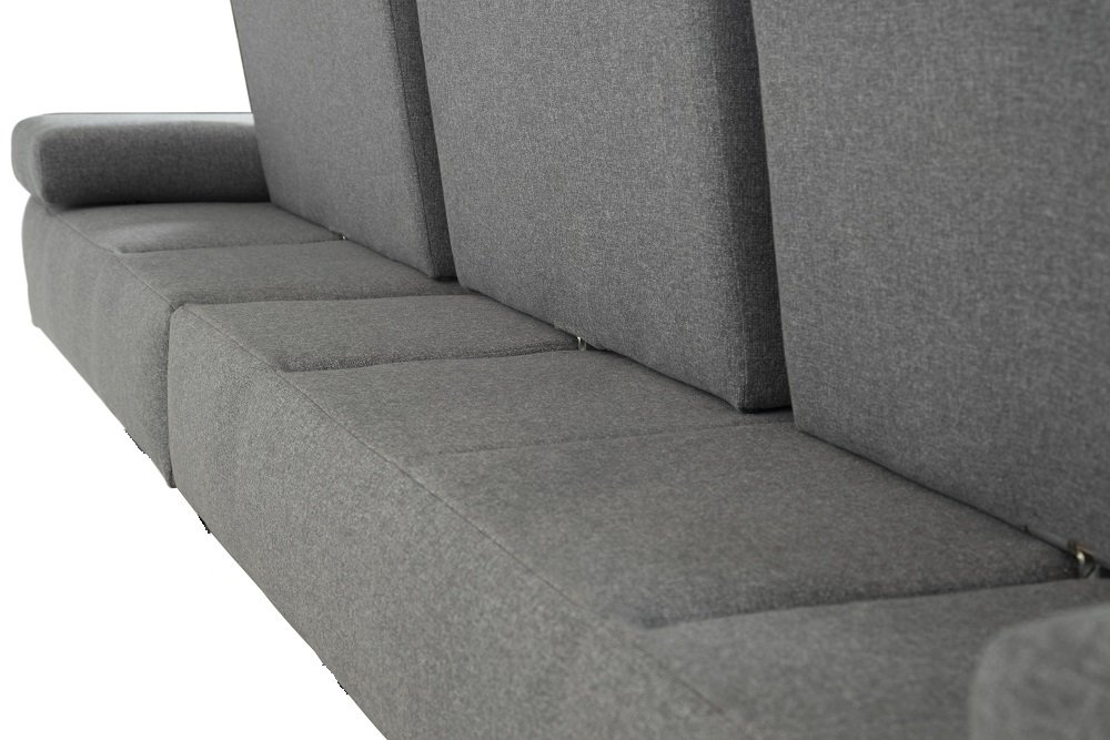 Canapé grand angle FERNIE double profondeur retour gauche têtières tissu gris 305 x 240 cm