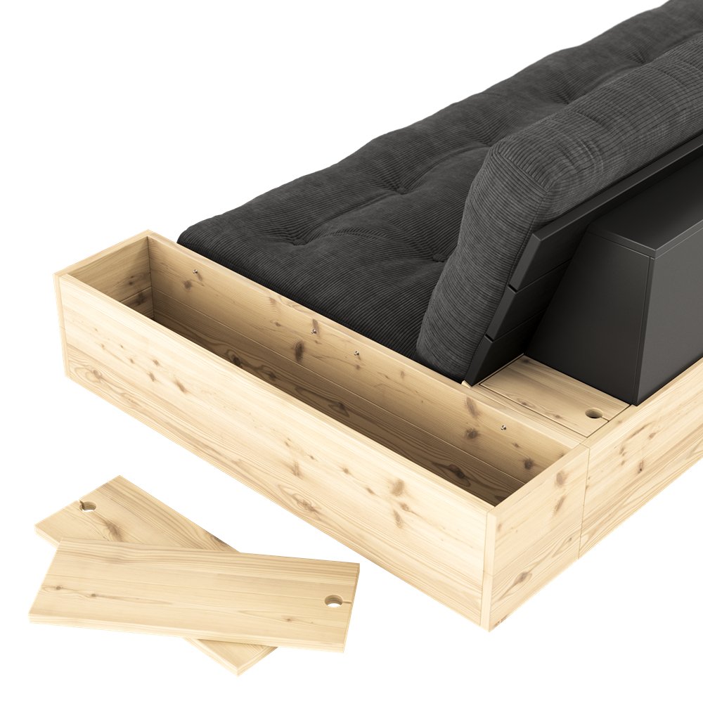Canapé lit futon BASE vert olive couchage 130cm dossiers et accoudoirs coffres