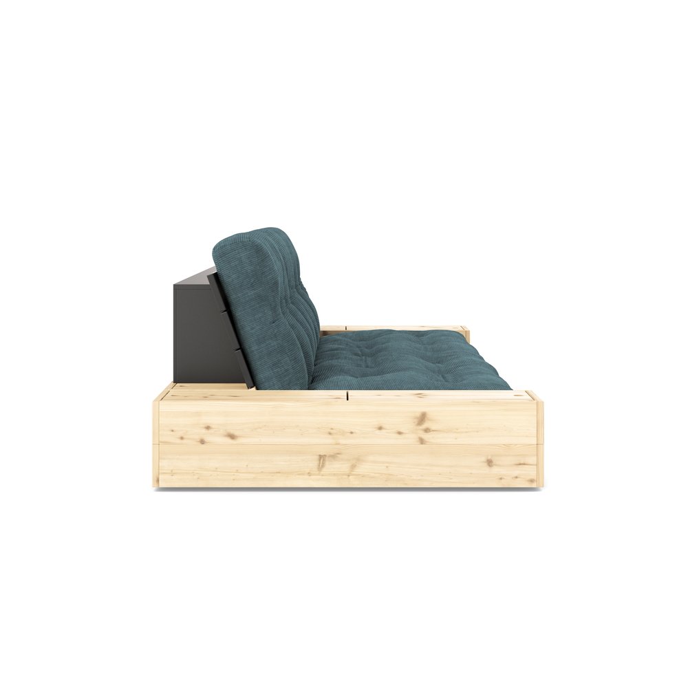 Canapé lit futon BASE bleu pâle couchage 130cm dossiers noirs et accoudoirs coffres