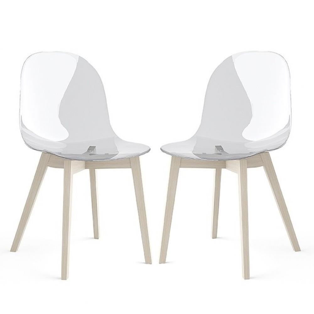  Lot de 2 Chaises  ACADEMY  pieds bois assise plastique transparent