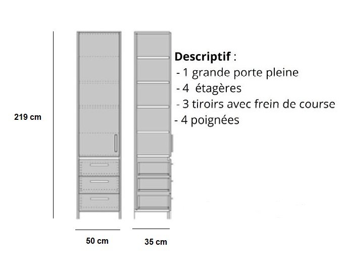 Armoire de rangement 1 porte, 3 tiroirs coloris gris graphite mat largeur 50 cm