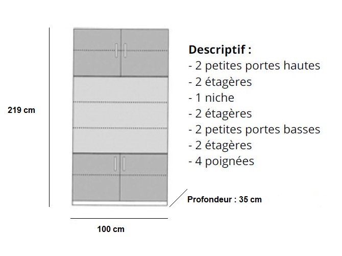 Armoire de rangement niche centrale, 4 portes largeur 100 cm coloris blanc mat