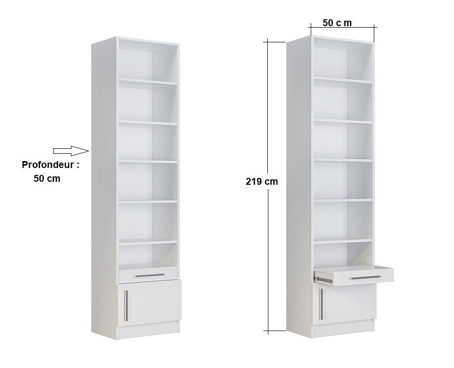 Colonne bibliothèque tablette chevet porte basse chêne profondeur : 50 cm