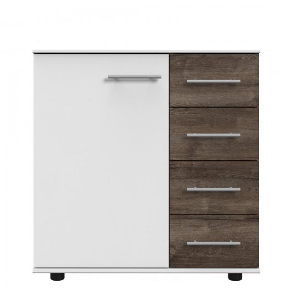 Commode Buffet EVA 4 tiroirs chêne châtaigne 1 porte blanc mat