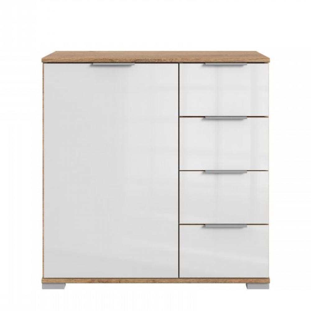 Commode ENSSE 4 tiroirs 1 porte chêne poutre et verre blanc