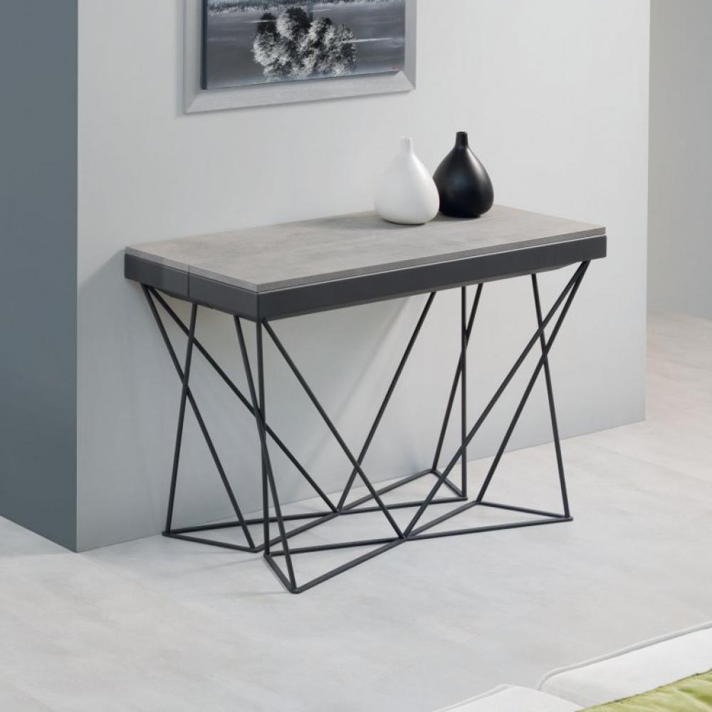 Table console extensible à rallonges AVIANCA XL plateau gris béton pieds gris foncé largeur 120cm