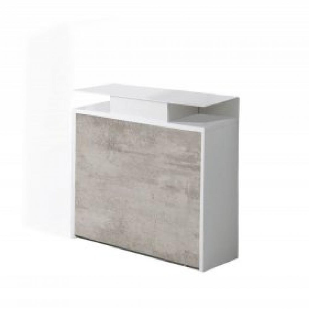 Console extensible Design BALTO PLUS blanc avec table pliante gris béton et 6 chaises intégrées taupe