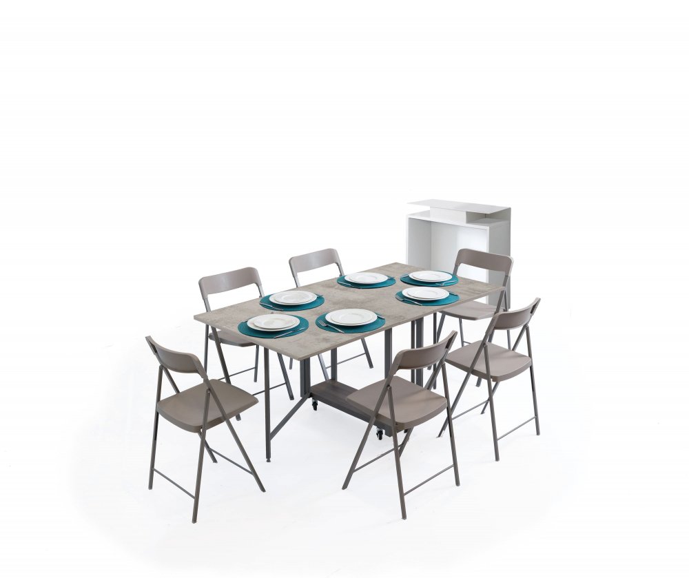 Console extensible Design BALTO PLUS blanc avec table pliante gris béton et 6 chaises intégrées taupe