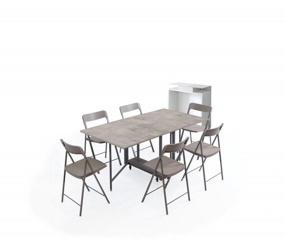 Console extensible Design BALTO PLUS blanc avec table pliante gris béton et 6 chaises intégrées taupe