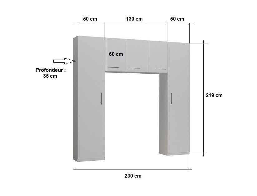 Ensemble de rangement pont 3 portes gris béton largeur 230 cm