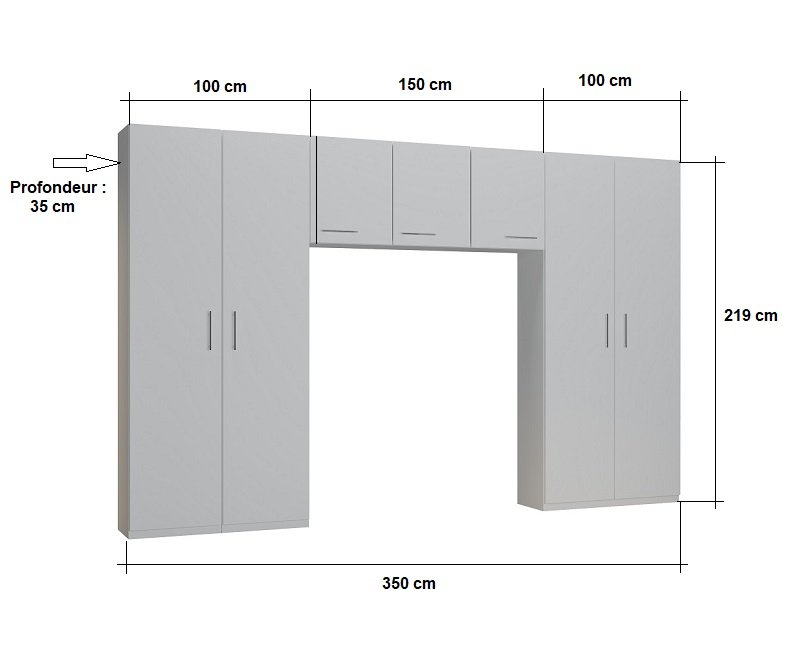 Ensemble de rangement pont 3 portes chêne largeur 350 cm