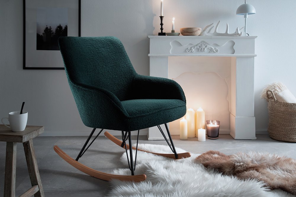 Fauteuil relax à bascule SIRIUS assise confortable pied métal noir patin chêne tissu vert