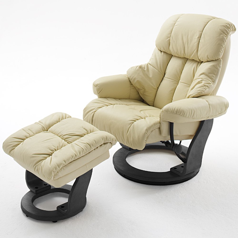 Fauteuil relax CLAIRAC assise en cuir crème pied en bois noir avec repose pied