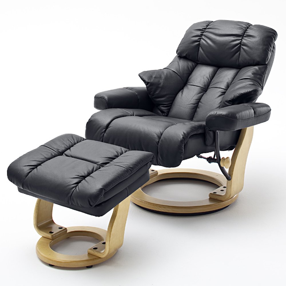 Fauteuil relax CLAIRAC XL assise en cuir noir pied en bois naturel avec repose pied