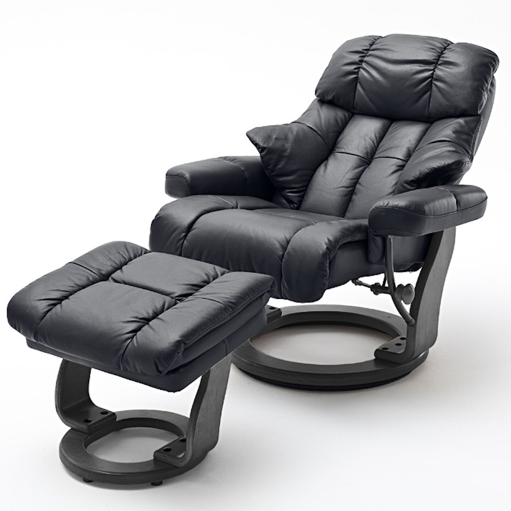 Fauteuil relax CLAIRAC XL assise en cuir noir pied en bois couleur noir avec repose pied