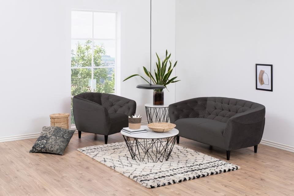 Fauteuil RIO velours gris sombre poudré piétement bois foncé