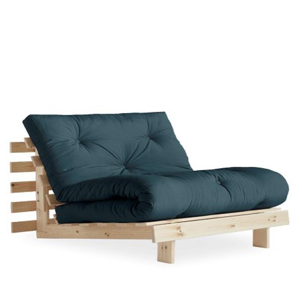 Fauteuil convertible futon ROOTS pin naturel coloris bleu pétrole couchage 90 x 200 cm.