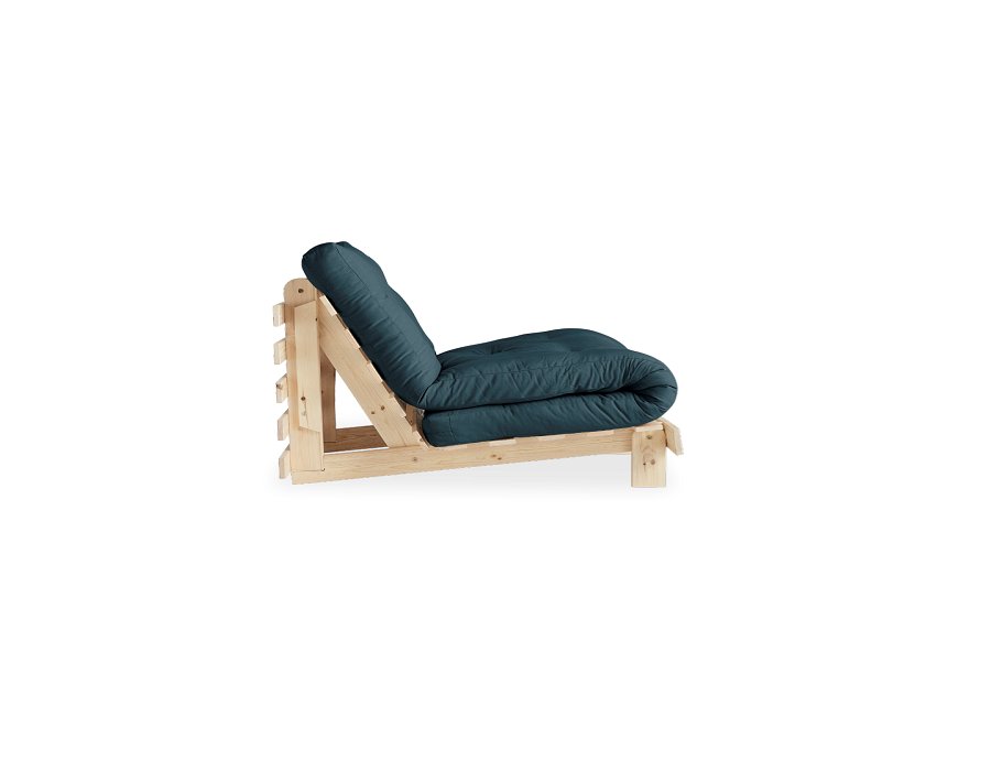 Fauteuil convertible futon ROOTS pin naturel coloris bleu pétrole couchage 90 x 200 cm.