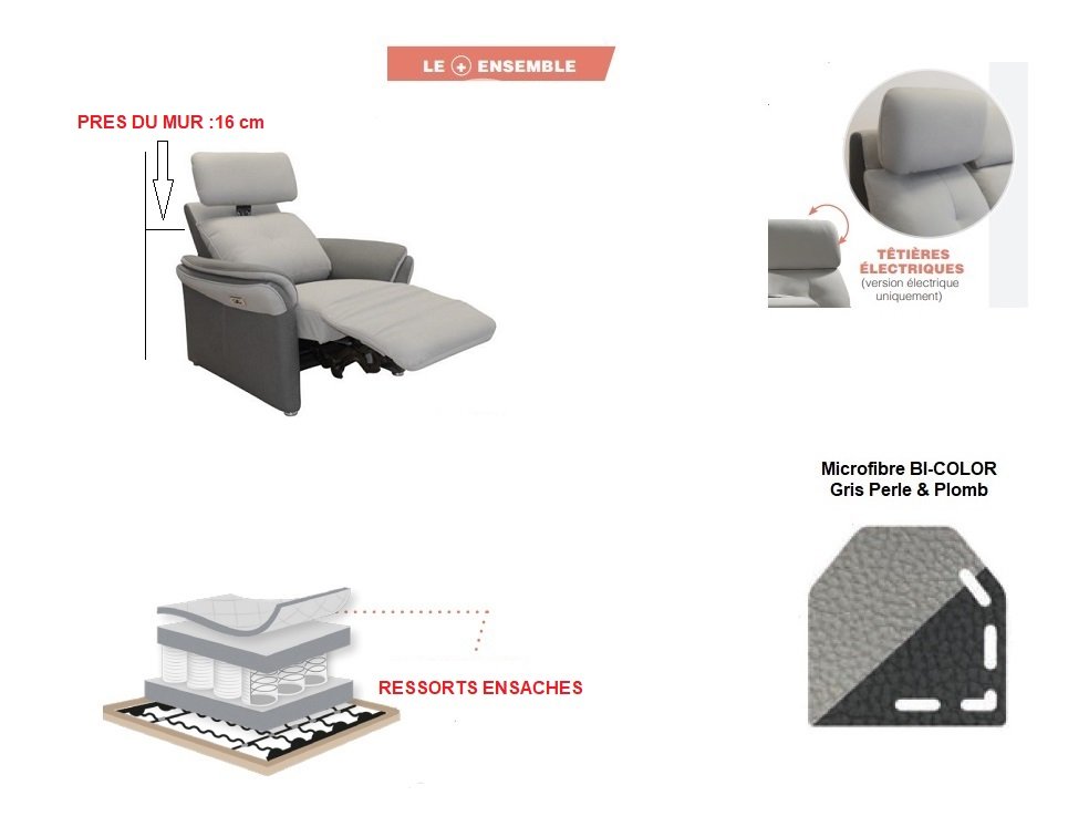 Fauteuil relax électrique GELLIN microfibre gris perle / plomb têtière électrique