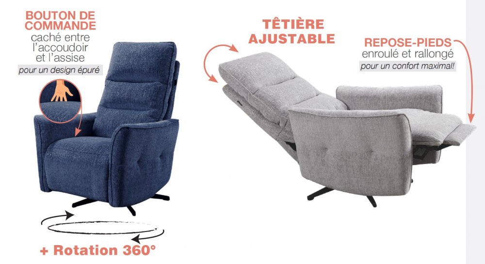 Fauteuil relax pivotant bi moteur ATTITUDE tissu chenillé bleu nuit