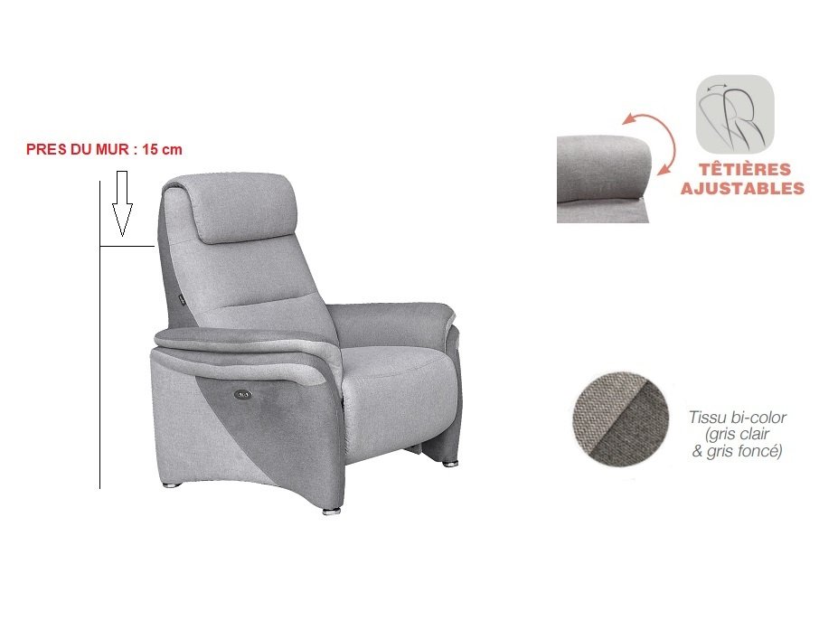 Fauteuil relax électrique ZILIA tissu gris clair / gris foncé