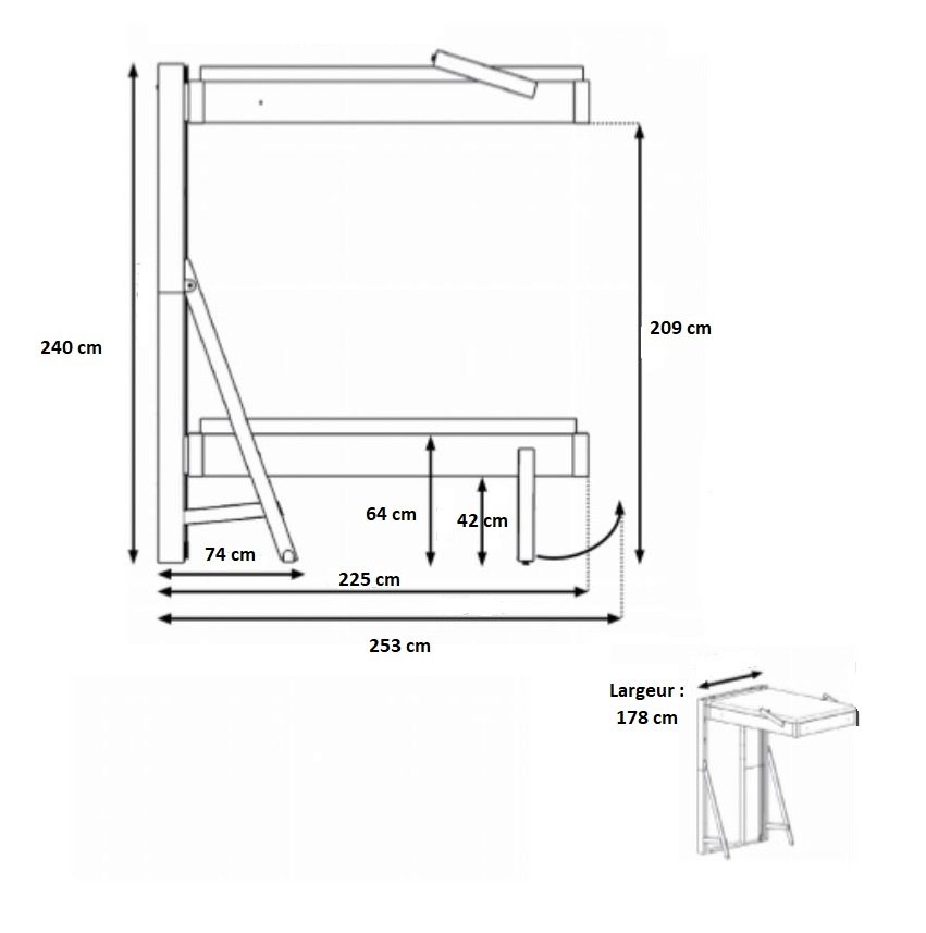 Lit escamotable au plafond JUNO vertical 160*200 cm pin encadrement cachemire