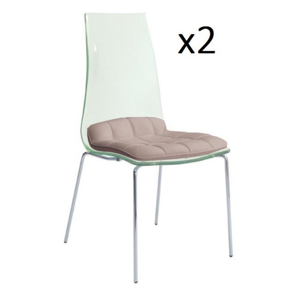 Lot de 2 chaises design LUXOR SHADOW pieds chromé coque plexiglass assise microfibre taupe