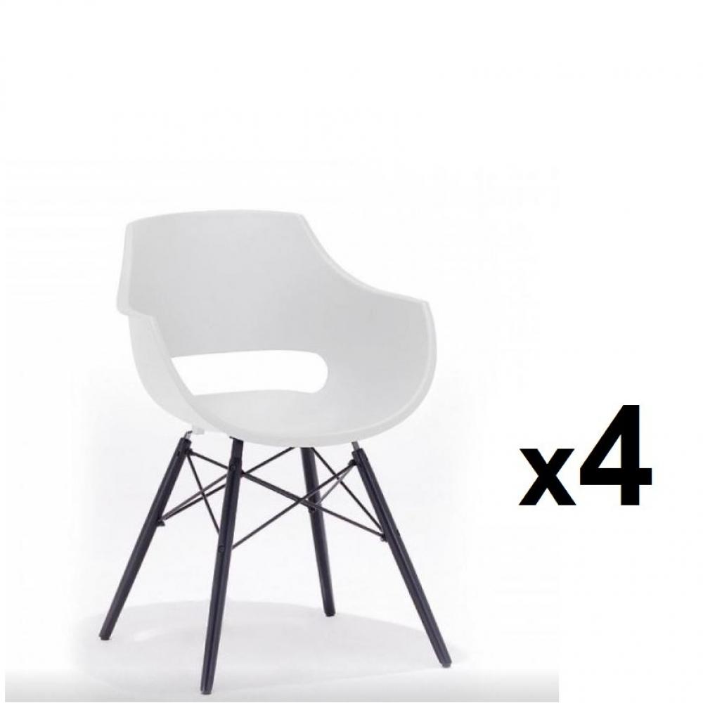 Chaise design ergonomique et stylisée au meilleur prix, Lot de 4 chaises  scandinave REMO coque blanche piétement hêtre laque noir mat