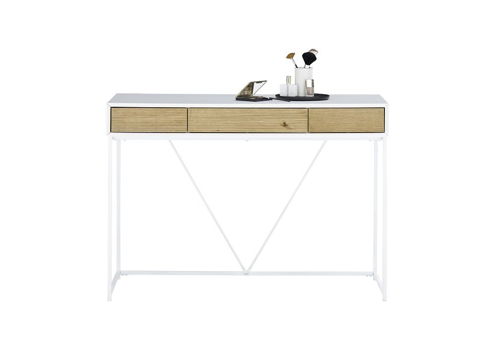 Console TIAKO laqué blanc mat-décor chêne-piétement métal Blanc mat