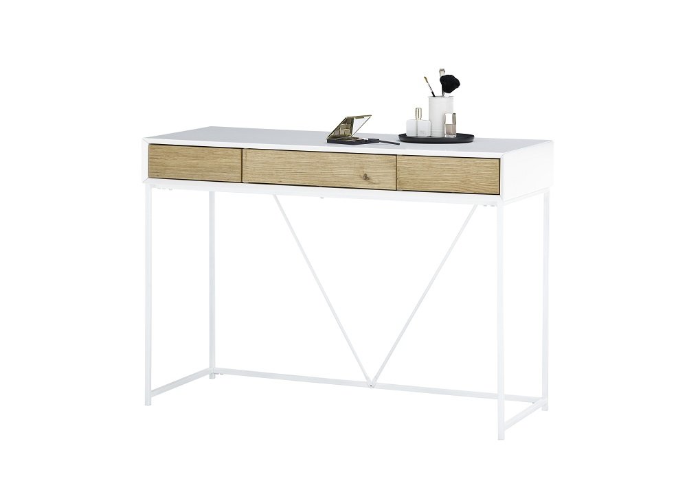 Console TIAKO laqué blanc mat-décor chêne-piétement métal Blanc mat