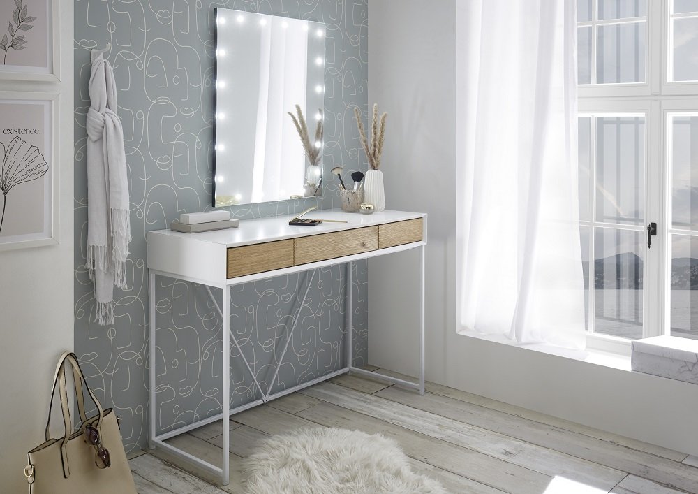 Console TIAKO laqué blanc mat-décor chêne-piétement métal Blanc mat