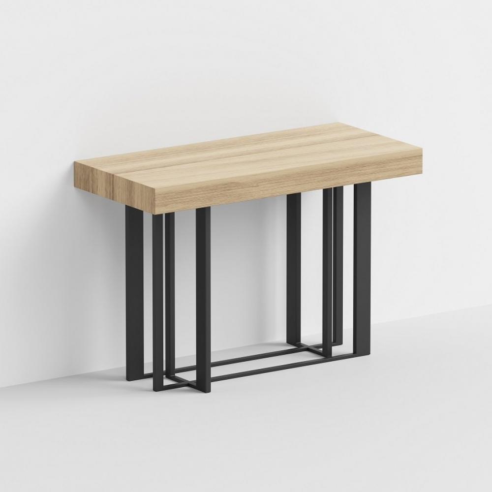 Table console extensible 6 couverts CEMENTO 50/134x110x75cm structure métal noir plateau chêne