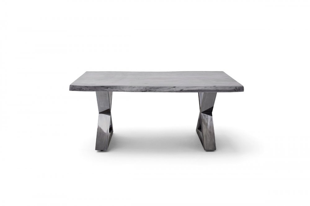 Table basse CLAREN plateau 110 en acacia massif laqué gris piétement X acier vintage