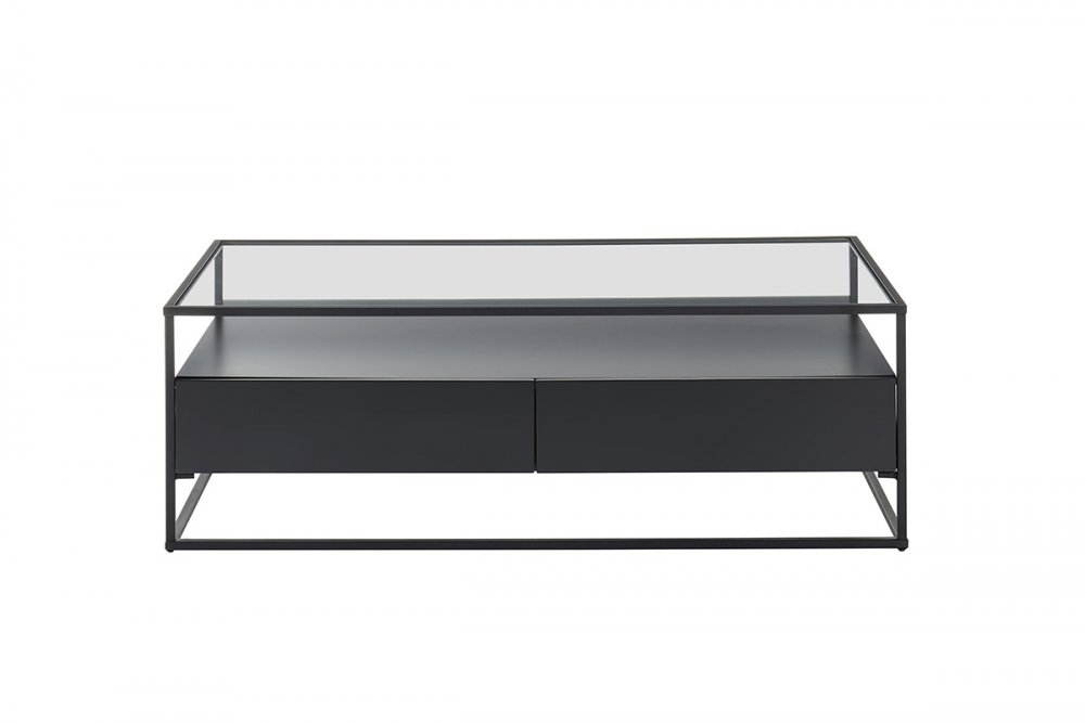 Table basse design 120 cm EDMONTON noir piètement métal noir 2 tiroirs