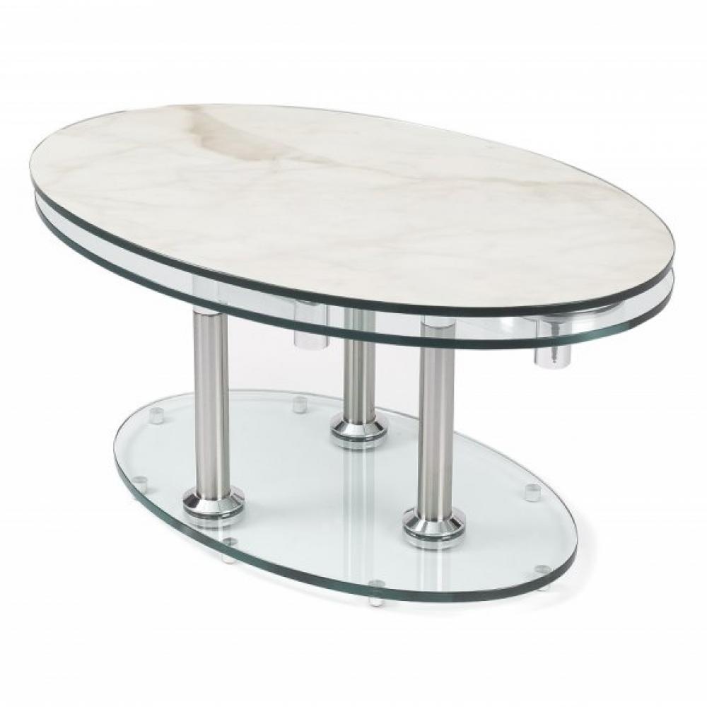 Table basse DOUBLE CÉRAMIQUE MARBRE blanc à plateaux pivotants en verre 