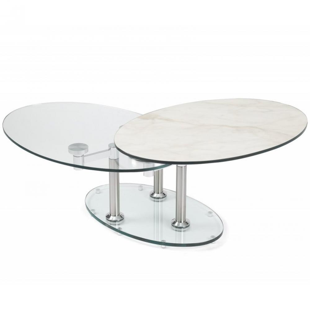 Table basse DOUBLE CÉRAMIQUE MARBRE blanc à plateaux pivotants en verre 