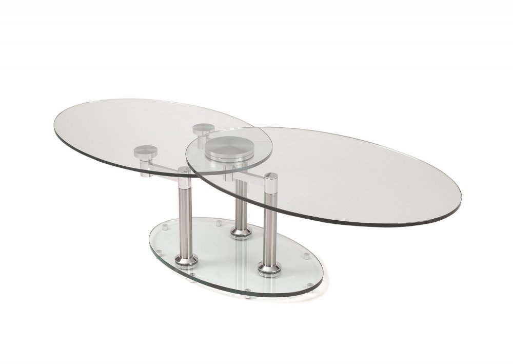 Table basse DOUBLE CHROME à plateaux pivotants en verre et acier chromé