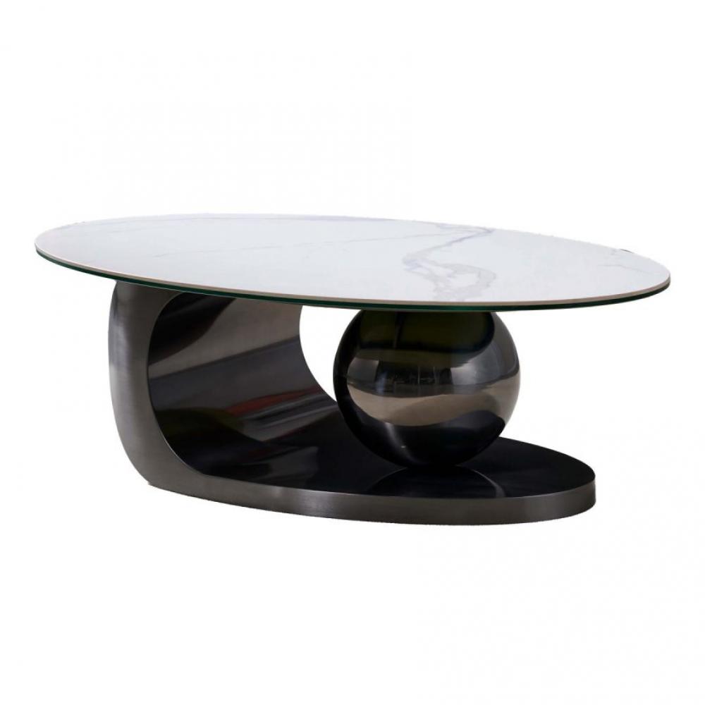 Table basse design BOWL BLACK NICKEL 120 base acier noir plateau marbre blanc