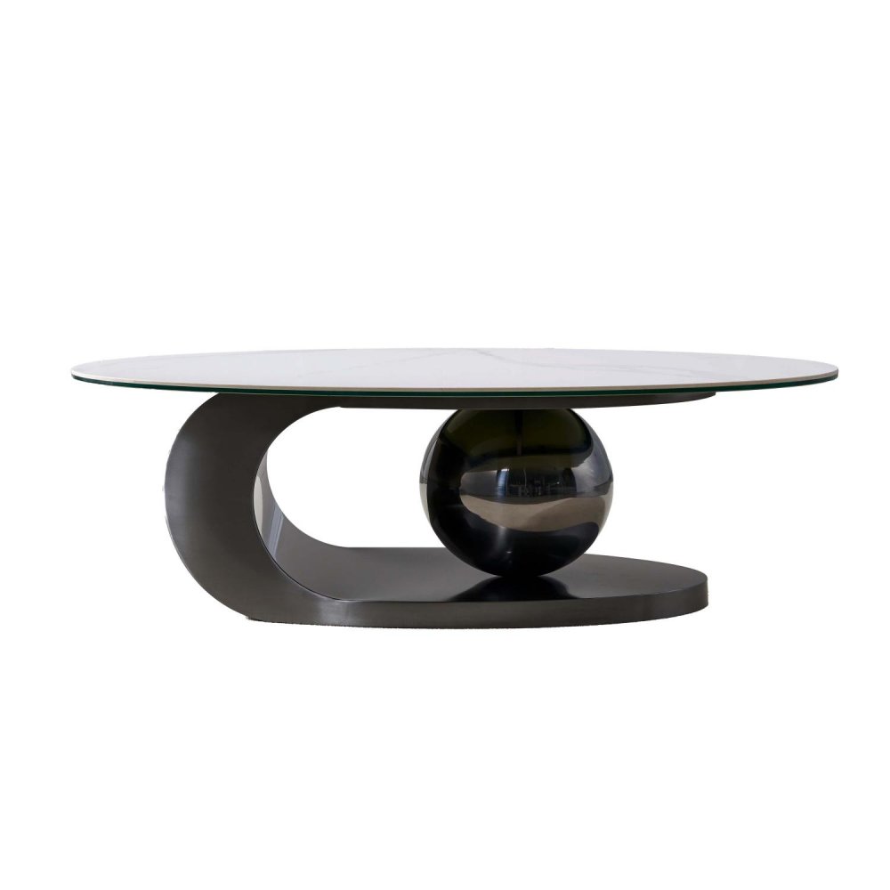 Table basse design BOWL BLACK NICKEL 120 base acier noir plateau marbre blanc