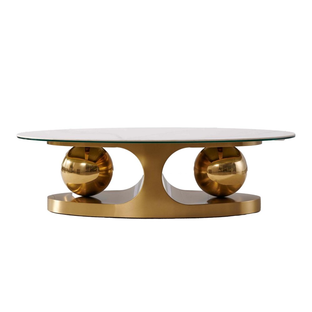 Table basse design SPHERE GOLD 120 base métal doré plateau marbre blanc 