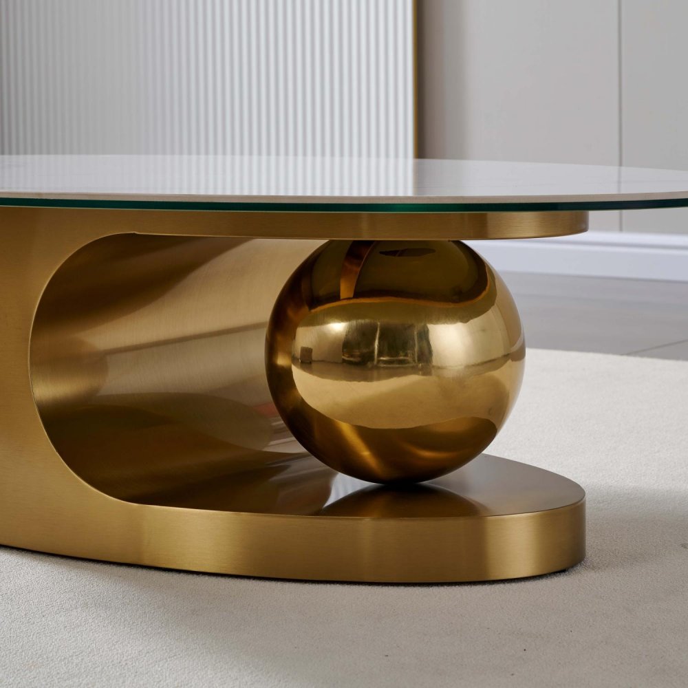 Table basse design SPHERE GOLD 120 base métal doré plateau marbre blanc 