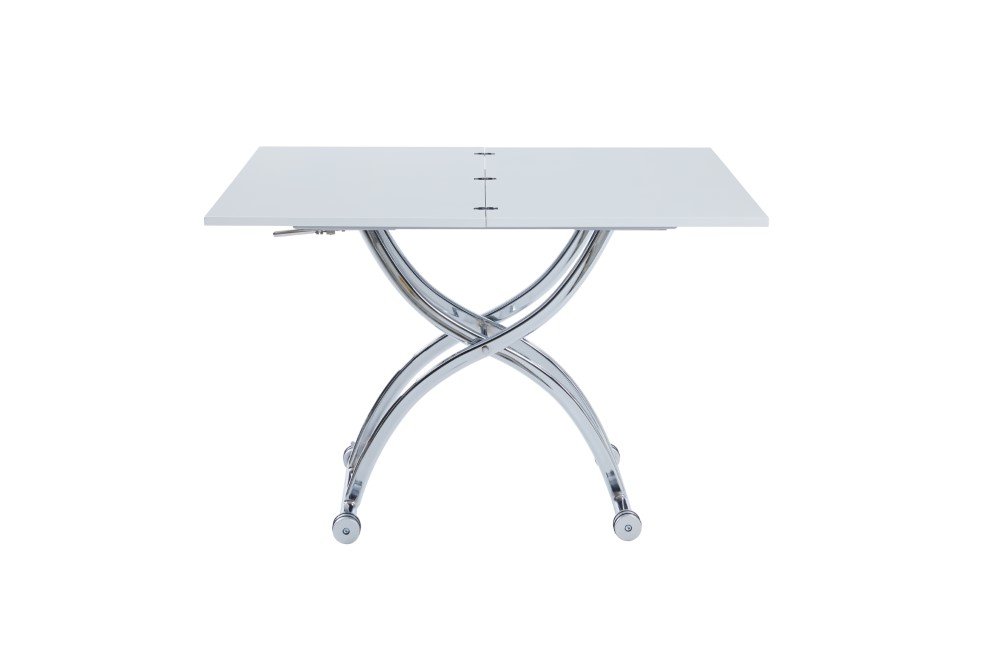 Table relevable extensible HIRONDELLE compacte laquée blanc brillant pied chromé argenté