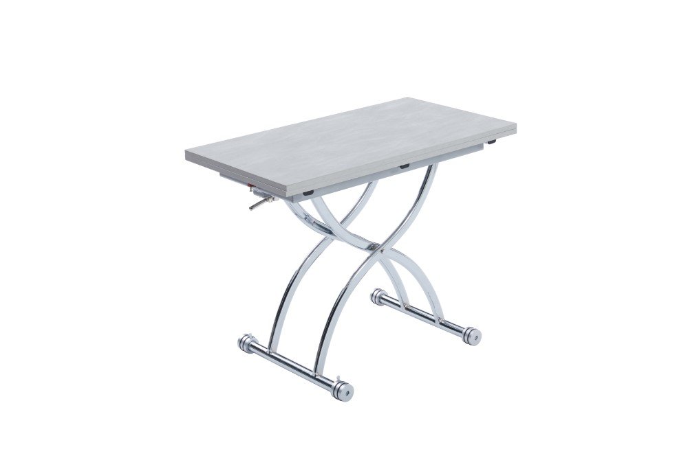 Table relevable extensible HIRONDELLE compacte laquée gris béton pied chromé argenté