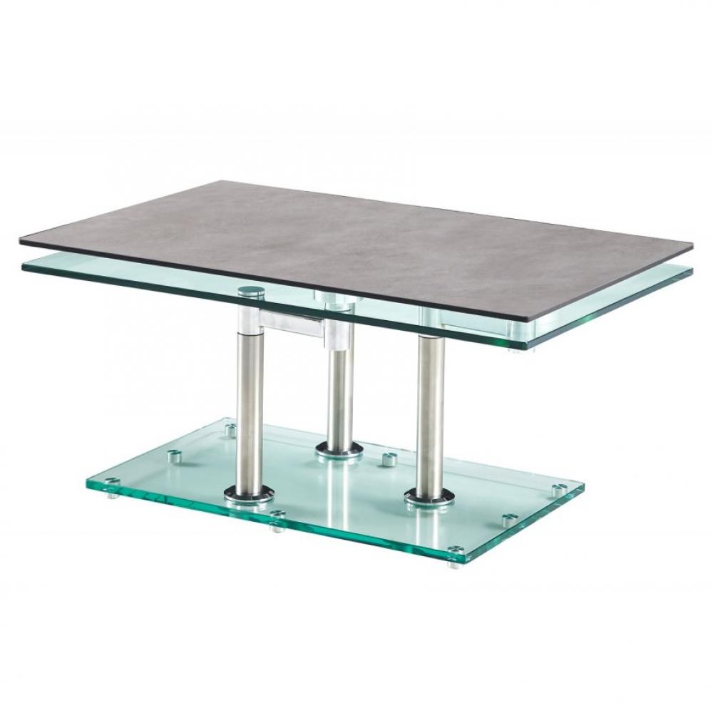 Table basse MATCH CERAMIQUE CIMENT 2 plateaux pivotants en verre piétement acier