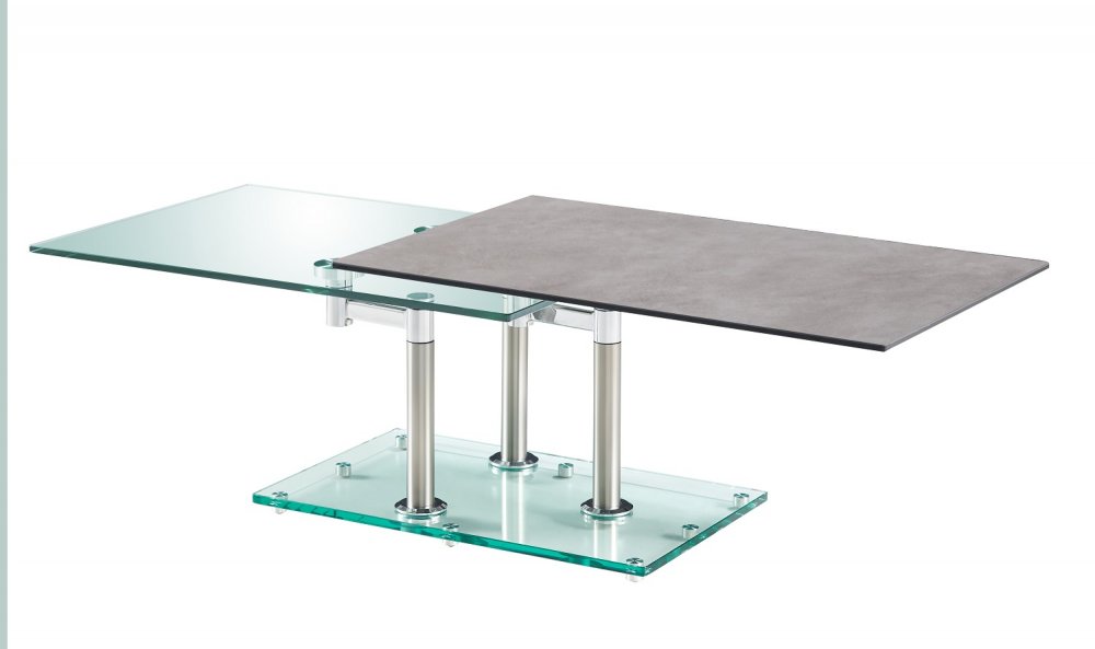 Table basse MATCH CERAMIQUE CIMENT 2 plateaux pivotants en verre piétement acier