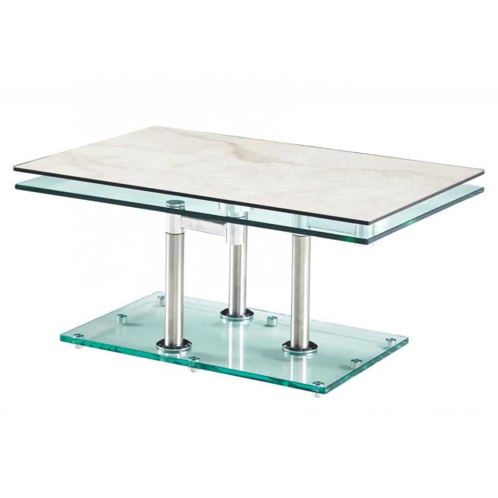 Table basse MATCH CERAMIQUE MARBLE 2 plateaux pivotants en verre piétement acier 