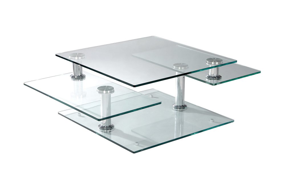 Table basse MOVING modulable en verre transparent piétement acier