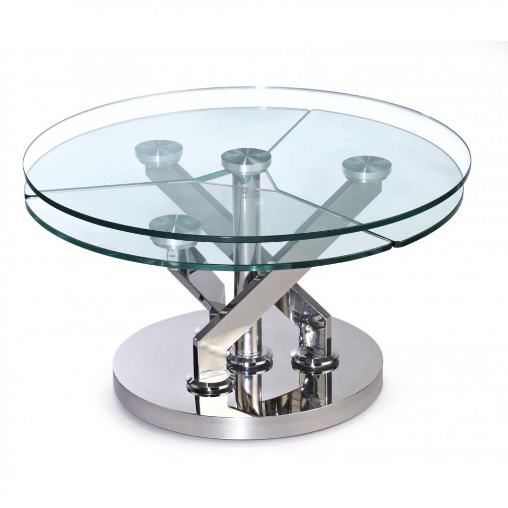 Table basse CARROUSEL à plateaux pivotants en verre piètement acier chromé