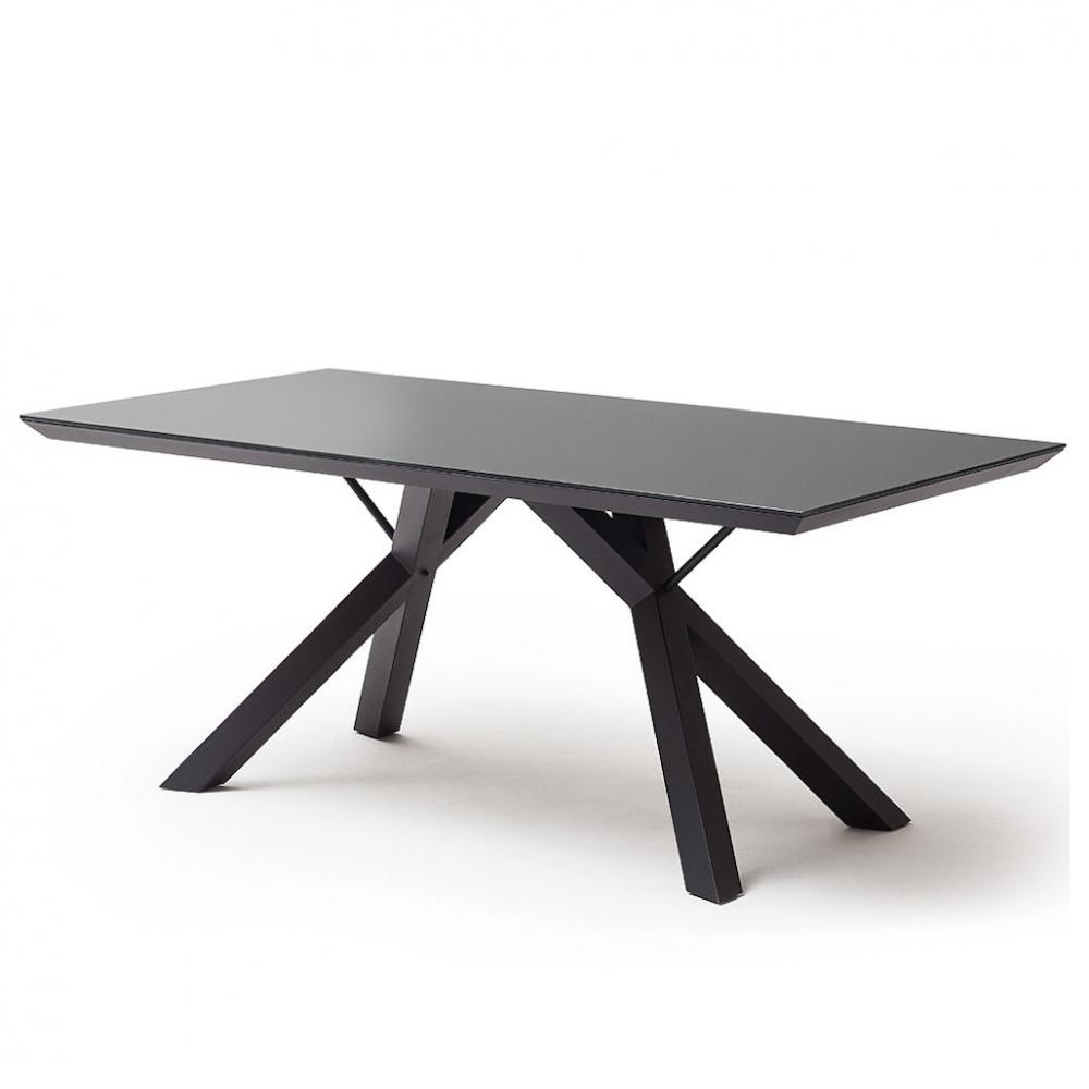 Table 4 pieds design ERINE 180 x 95 cm plateau verre securit pietement laqué noir mat